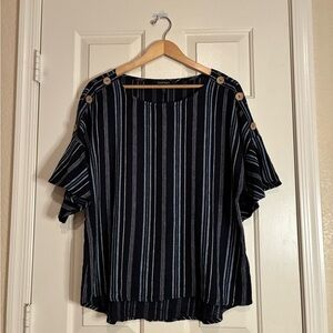 Ellen Tracy Navy and White Striped Blouse with Button Accents